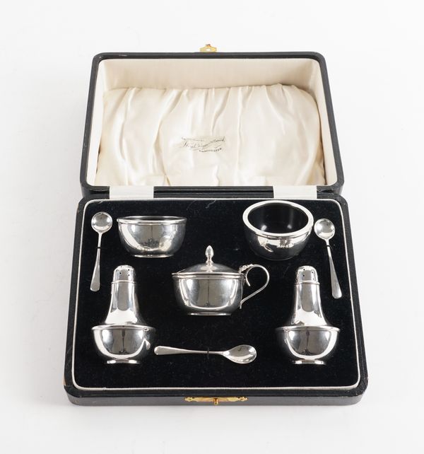 A SILVER MOUNTED FIVE PIECE CONDIMENT SET