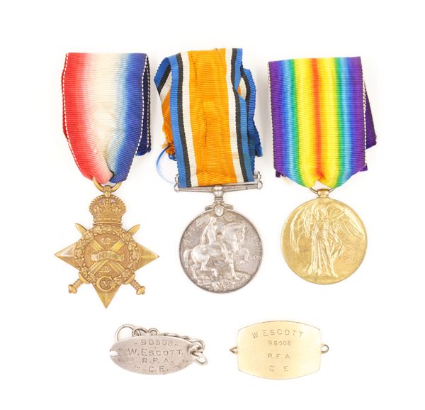 THREE FIRST WORLD WAR MEDALS AND TWO IDENTITY PANELS (5)