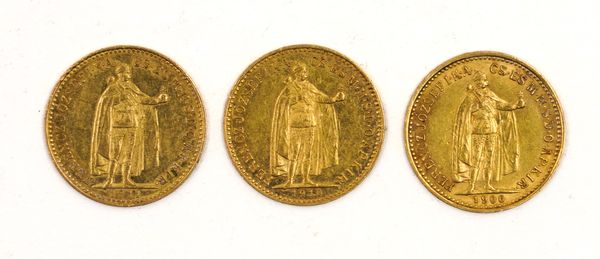 THREE HUNGARIAN GOLD TEN KORONA (3)