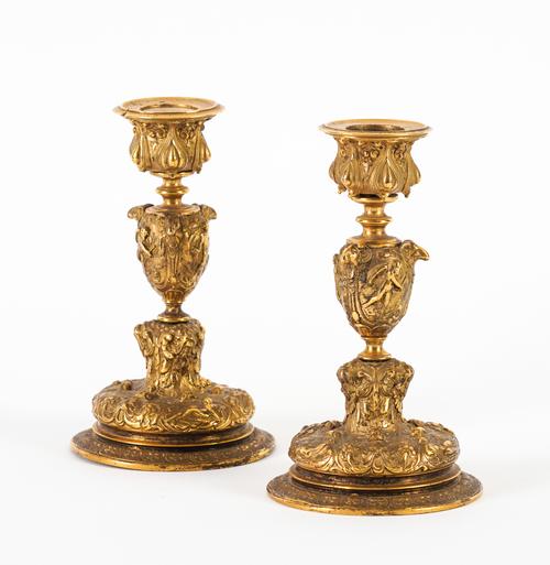 A PAIR OF FRENCH RENAISSANCE REVIVAL GILT-BRONZE CANDELSTICKS (2)