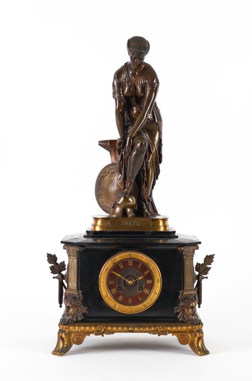 A FRENCH NEO-GREC BRONZE-MOUNTED BLACK MARBLE MANTEL CLOCK LATE 19TH CENTURY