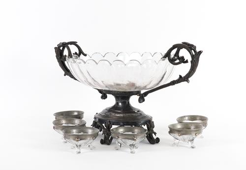 A FRENCH SILVER-PLATED MOUNTED GLASS DISHED CENTRE-PIECE (7)