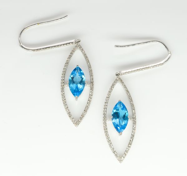 A PAIR OF WHITE GOLD, BLUE TOPAZ AND DIAMOND PENDANT EARRINGS