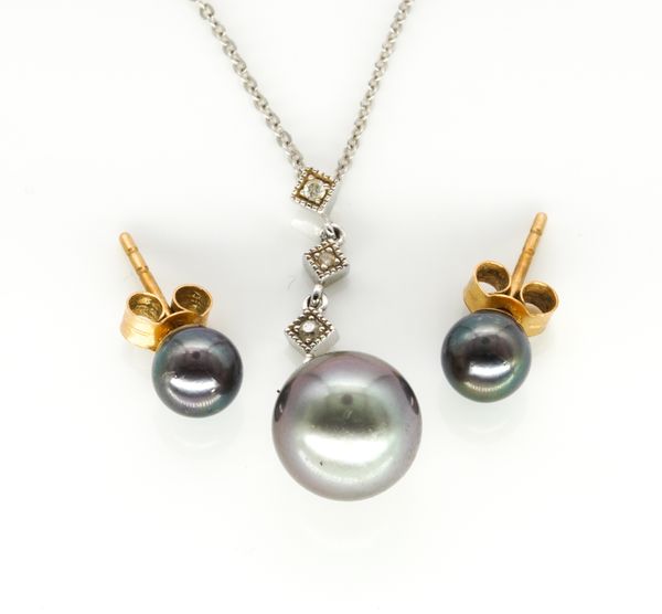 A DIAMOND AND GREY PEARL PENDANT AND SIMILAR EAR STUDS