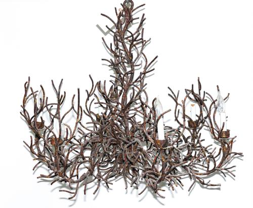 A CAST AND WROUGHT IRON SIX LIGHT CHANDELIER