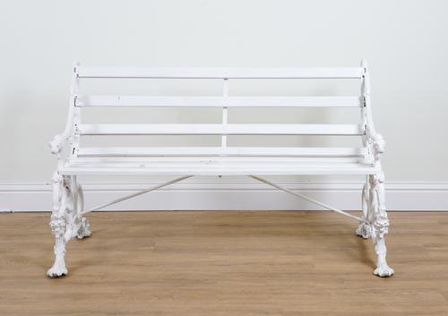 COALBROOKDALE; A WHITE PAINTED CAST IRON DOG AND SERPENT MODEL GARDEN BENCH