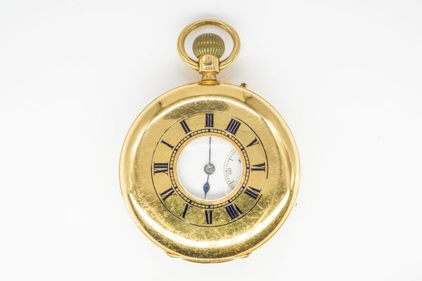 AN 18CT GOLD KEYLESS WIND HALF HUNTING CASED GENTLEMAN'S POCKET WATCH