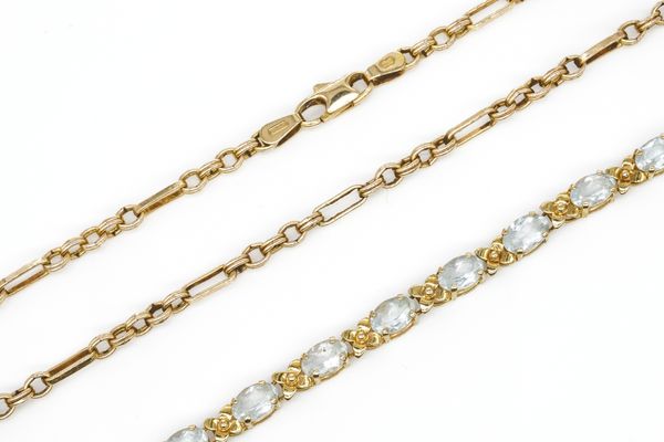 A 9CT GOLD AND PALE BLUE GEMSET BRACELET AND A 9CT GOLD NECKCHAIN (2)