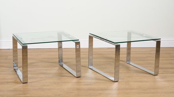 PROBABLY MERROW AND ASSOCIATES; A PAIR OF GLASS AND CHROME SQUARE OCCASIONAL TABLES (2)