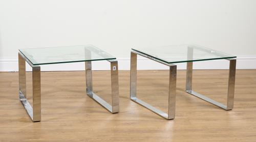 PROBABLY MERROW AND ASSOCIATES; A PAIR OF GLASS AND CHROME SQUARE OCCASIONAL TABLES (2)