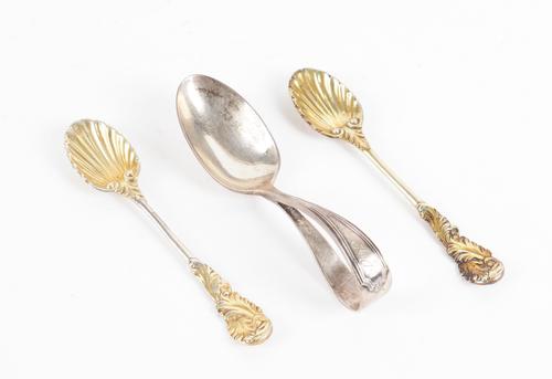 TWO SILVER GILT SPOONS AND A BABY'S SPOON (3)