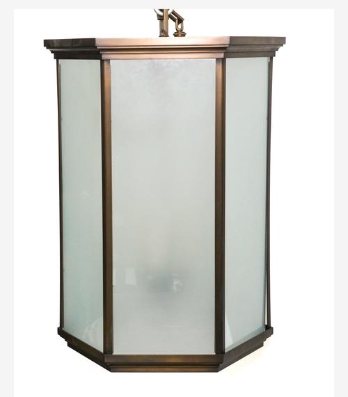A LARGE BRONZE PATINATED METAL HEXAGONAL HALL LANTERN