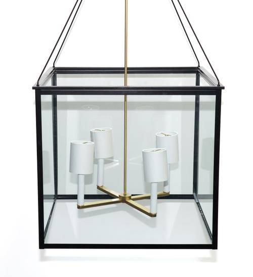 A LARGE BLACK AND GILT METAL SQUARE FORM HALL LANTERN