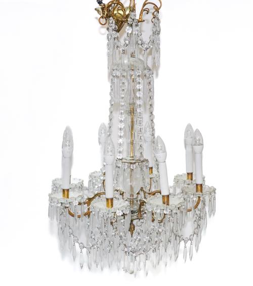 A REGENCY STYLE GILT-METAL AND GLASS MOUNTED EIGHT LIGHT CHANDELIER