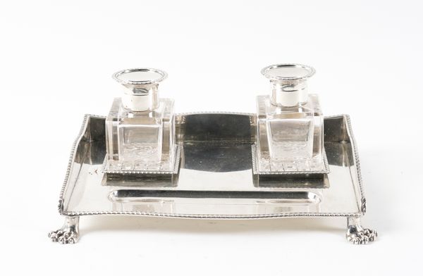 A SILVER TWIN BOTTLE PEN AND INK STAND