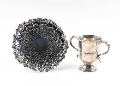 A GEORGE III SILVER TWIN HANDLED CUP AND A PLATED SALVER (2)