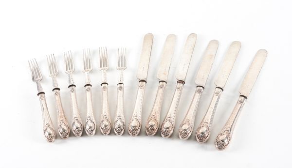 A SET OF SIX VICTORIAN SILVER HANDLED PAIRS OF DESSERT KNIVES AND FORKS