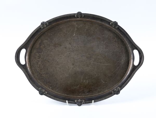 A SILVER SHAPED OVAL TWIN HANDLED TRAY