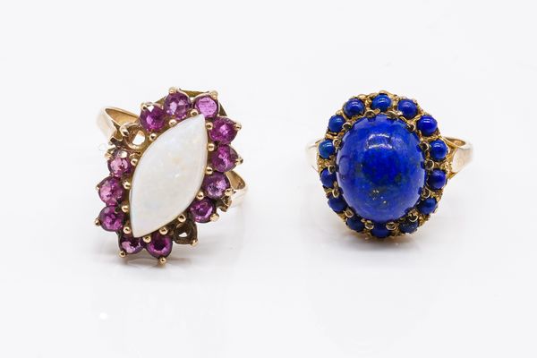 A 9CT GOLD AND LAPIS LAZULI CLUSTER RING AND A 9CT GOLD, OPAL AND RUBY CLUSTER RING (2)