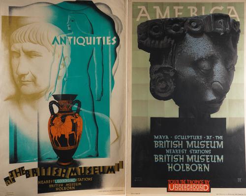 AUSTIN COOPER (1890-1964): 'ANTIQUITIES AT THE BRITISH MUSEUM' ADVERTISING POSTER AND ANOTHER FOR 'AMERICA MAYA SCULPTURE AT THE BRITISH MUSEUM' (2)