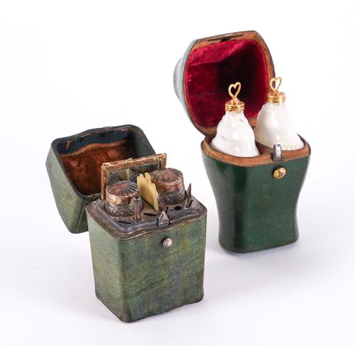 A FRENCH SHAGREEN CASED ETUI AND A PAIR OF FRENCH PORCELAIN SCENT BOTTLES IN CASE (2)