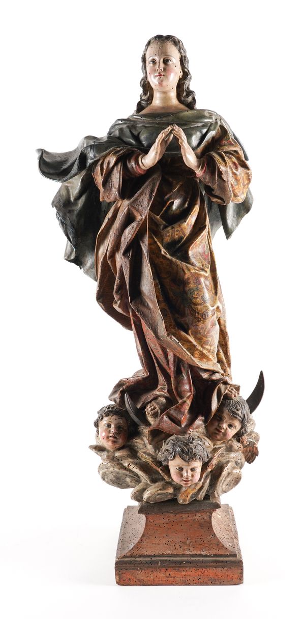A SPANISH /PORTUGUESE CARVED WOOD POLYCHROME SCULPTURE OF THE IMMACULATE VIRGIN
