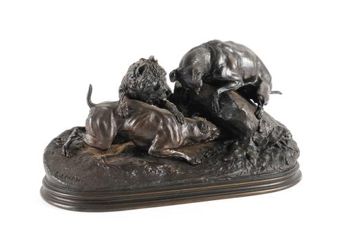 P.J. MENE (FRENCH 1810-1879): A BRONZE FIGURAL GROUP OF HUNTING DOGS