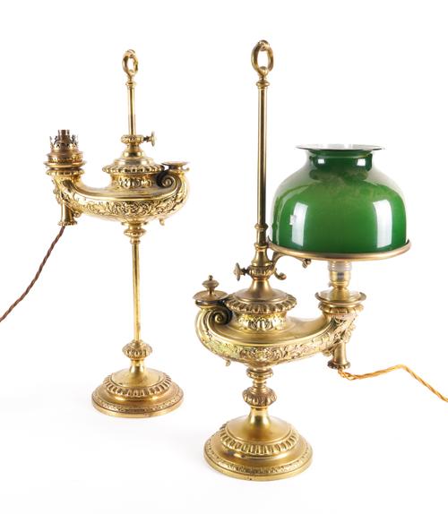 WILD & WESSEL, BERLIN: A BRASS STUDENT LAMP WITH GREEN GLASS SHADE TOGETHER WITH ANOTHER SIMILAR (2)