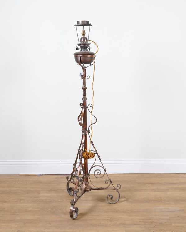 A COPPER CONVERTED CONVERTED OIL FLOOR LAMP WITH MAPLE HINKS BURNER (2)