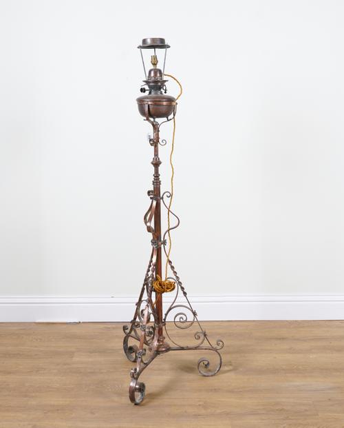 A COPPER CONVERTED CONVERTED OIL FLOOR LAMP WITH MAPLE HINKS BURNER (2)