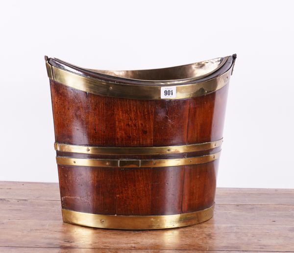 A GEORGE III BRASS BOUND MAHOGANY NAVETTE SHAPED BUCKET