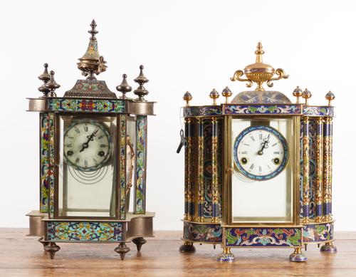 TWO CHINESE CLOISONNE ENAMEL MANTEL CLOCKS (2)