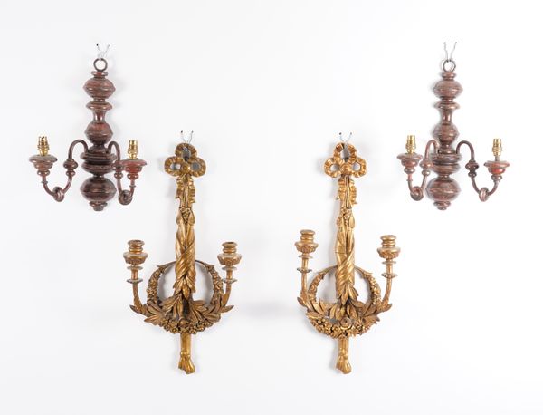 A PAIR OF LOUIS XVI STYLE GILTWOOD AND COMPOSITION TWIN-LIGHT WALL APPLIQUÉS (4)