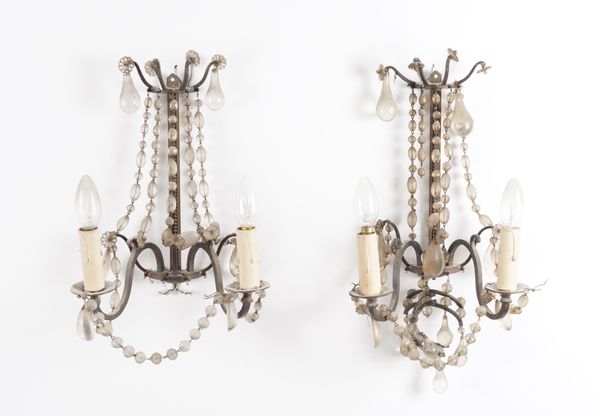 A PAIR OF GLASS MOUNTED BRONZE TWIN LIGHT WALL APPLIQUÉS AND A CHANDELIER (3)