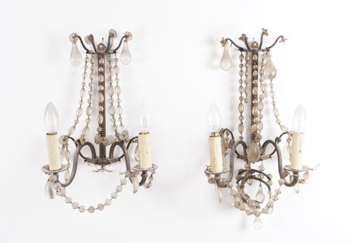 A PAIR OF GLASS MOUNTED BRONZE TWIN LIGHT WALL APPLIQUÉS AND A CHANDELIER (3)
