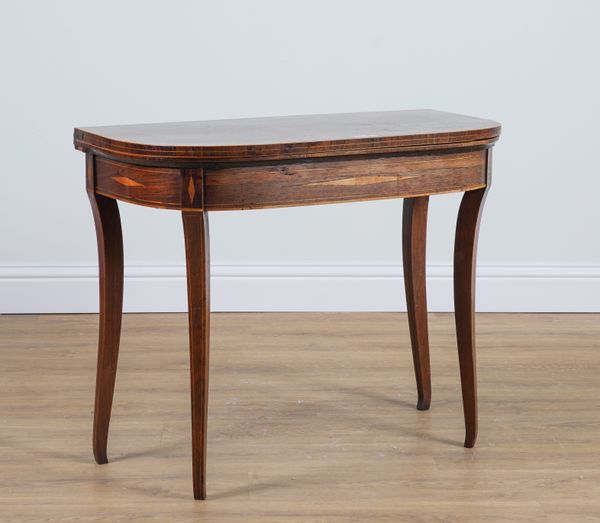 A REGENCY MAHOGANY BANDED ROSEWOOD D SHAPE CARD TABLE