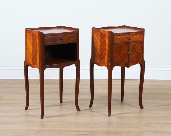 A MATCHED PAIR OF FRENCH WALNUT PARQUETRY INLAID BEDSIDE CUPBOARDS (2)