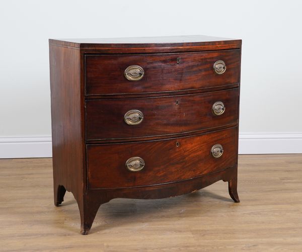 A 19TH CENTURY MAHOGANY BOWFRONT THREE DRAWER CHEST