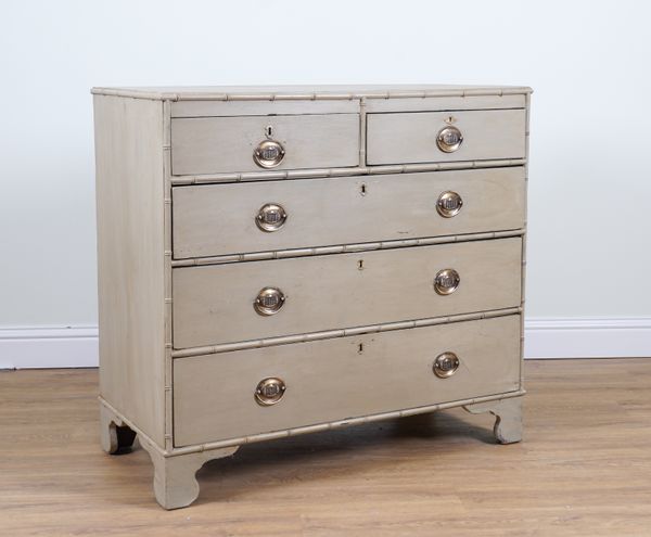 A REGENCY SPLIT FAUX BAMBOO MOUNTED LATER PAINTED FIVE DRAWER CHEST