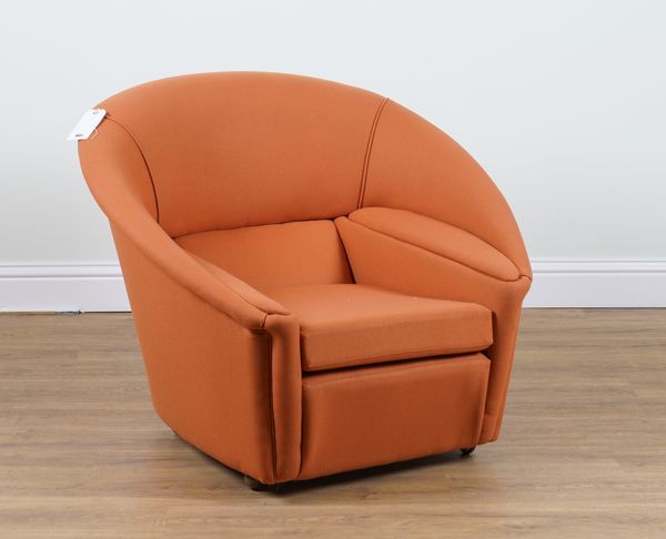 A MID 20TH CENTURY ORANGE UPHOLSTERED LOW ARMCHAIR