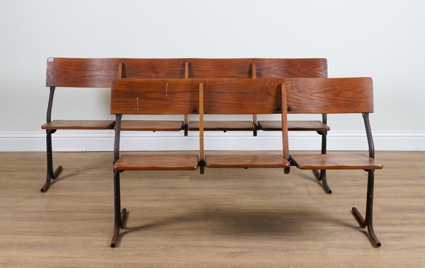 A MID 20TH CENTURY ASH SEATED FOLDING FOUR SEAT BENCH (2)