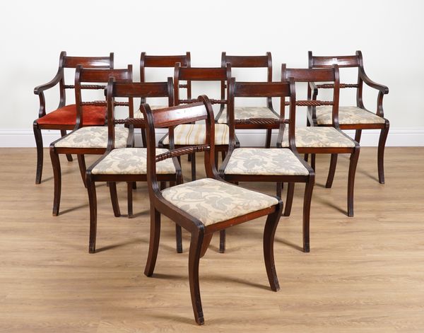 A SET OF TEN REGENCY STYLE MAHOGANY BAR BACK DINING CHAIRS (10)