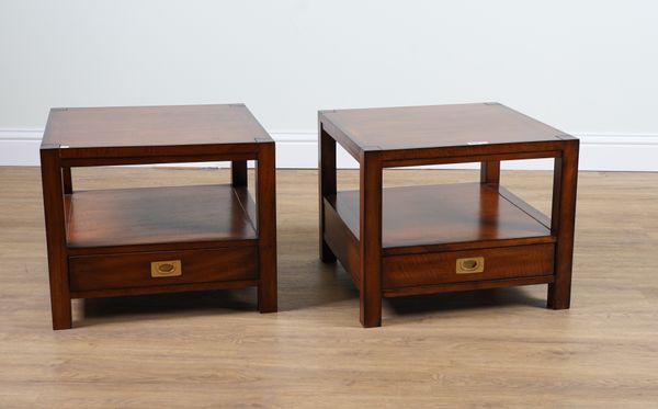 A PAIR OF CAMPAIGN STYLE HARDWOOD SQUARE OCCASIONAL TABLES (2)