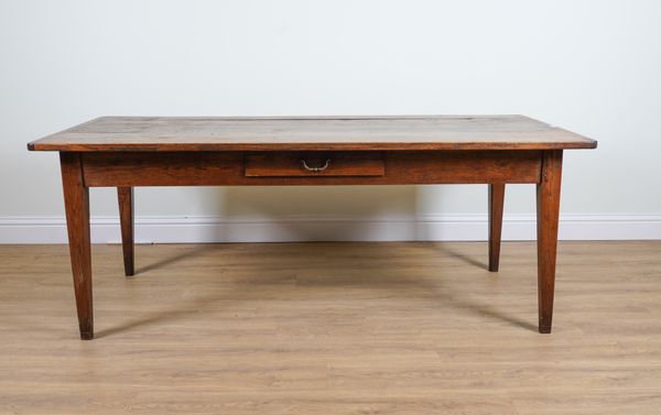 AN 19TH CENTURY FRENCH OAK PLANK TOP KITCHEN TABLE ON TAPERING SQUARE SUPPORTS