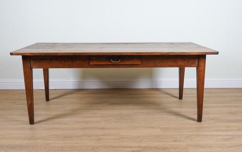 AN 19TH CENTURY FRENCH OAK PLANK TOP KITCHEN TABLE ON TAPERING SQUARE SUPPORTS