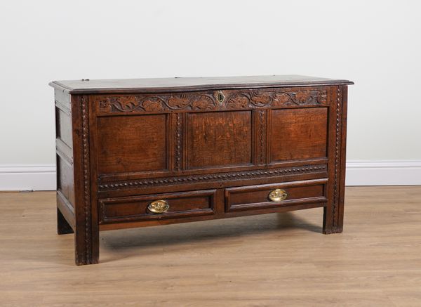 AN 18TH CENTURY CARVED OAK MULE CHEST