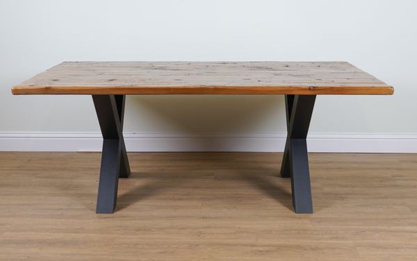 A STAINED PINE PLANK TOP KITCHEN TABLE