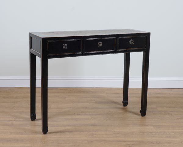 A MODERN BLACK LACQUER THREE DRAWER CONSOLE TABLE