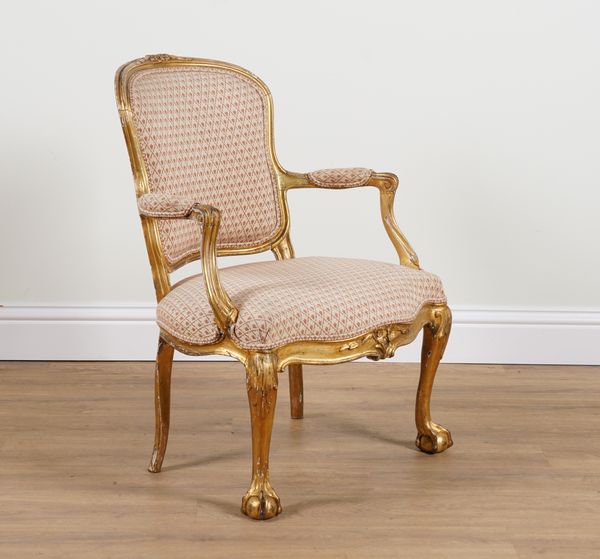 AN 18TH CENTURY AND LATER GILT FRAMED OPEN ARMCHAIR