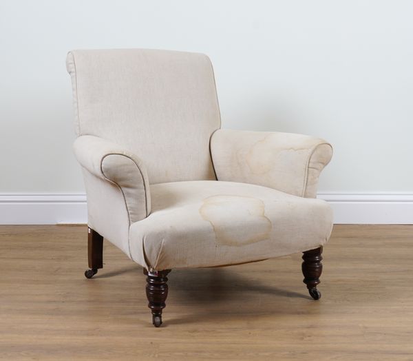 AN EDWARDIAN MAHOGANY FRAMED UPHOLSTERED ARMCHAIR